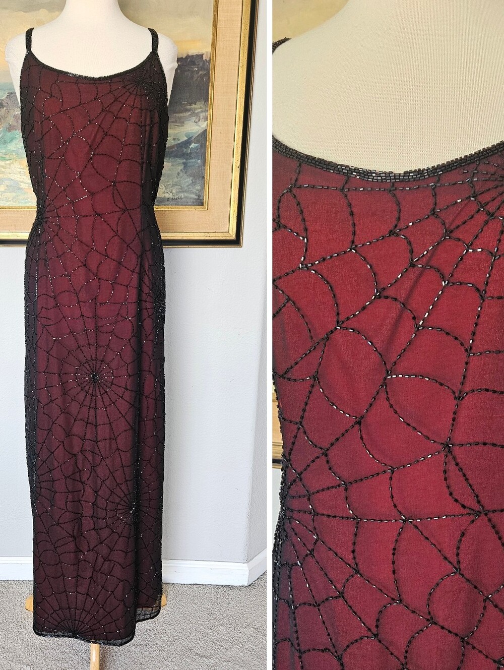 Vintage Black and Red Beaded Spiderweb Gown Size L XL Spider Web Cobweb Dress